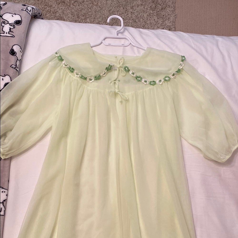 VTG 1960s Light Green Sheer Nightgown with Floral Collar